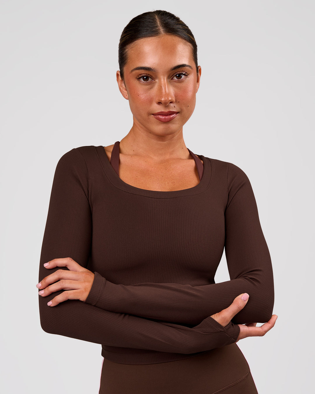 Woman wearing Horizon Long Sleeve Tee - Hot Chocolate | Model:Charli | Size:XS - view 6