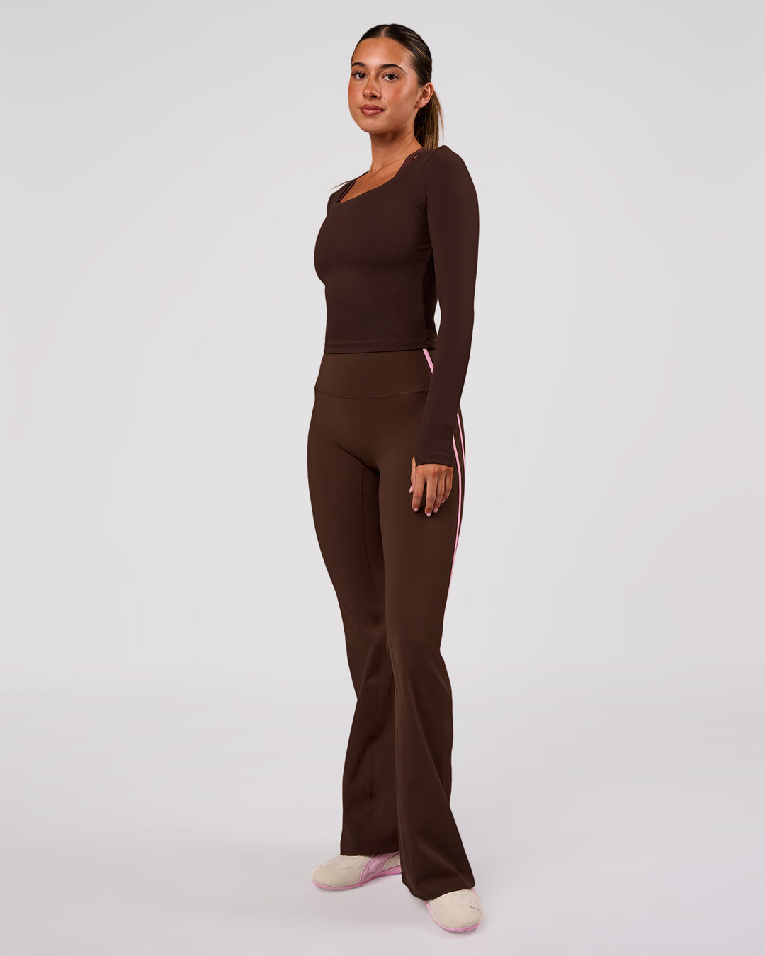 Woman wearing Horizon Long Sleeve Tee - Hot Chocolate | Model:Charli | Size:XS - view 8