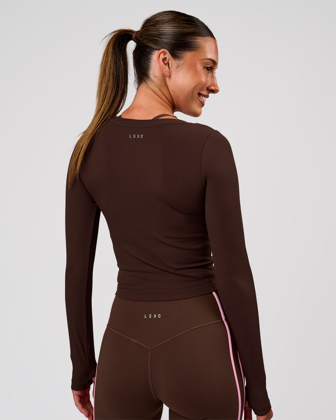 Woman wearing Horizon Long Sleeve Tee - Hot Chocolate | Model:Charli | Size:XS - view 10