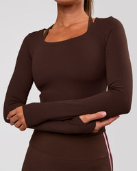 Woman wearing Horizon Long Sleeve Tee - Hot Chocolate | Model:Charli | Size:XS | Thumbnail Index: 11