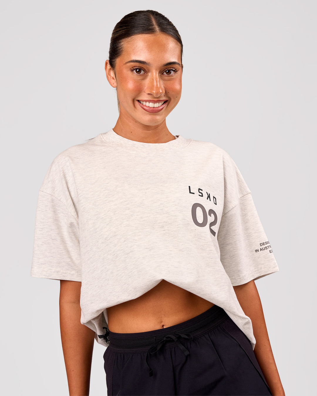 Woman wearing Hybrid Elements Heavyweight FLXCotton Oversized Tee  - Silver Marl | Model:Charli | Size:XS - view 2