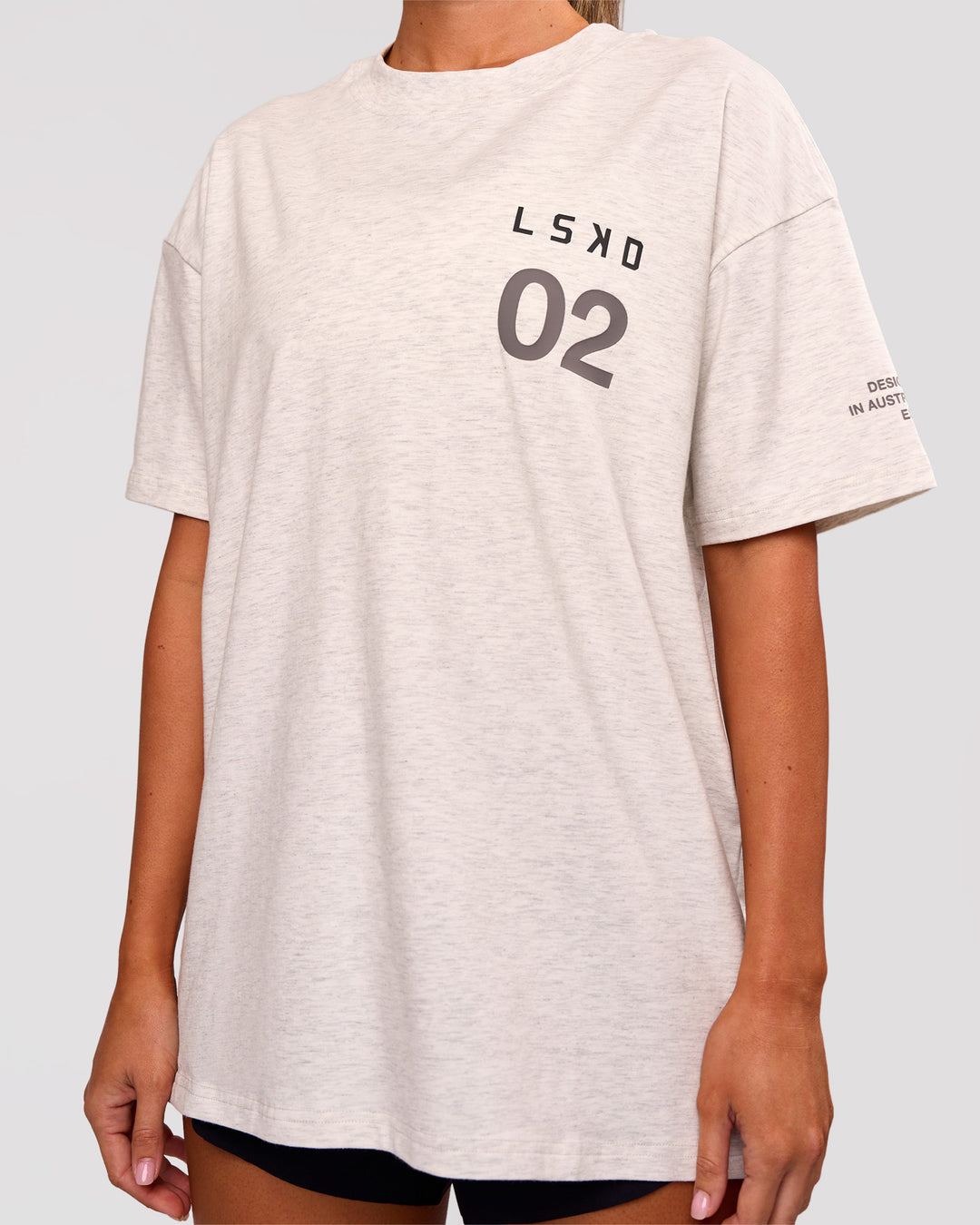 Woman wearing Hybrid Elements Heavyweight FLXCotton Oversized Tee  - Silver Marl | Model:Charli | Size:XS - view 10