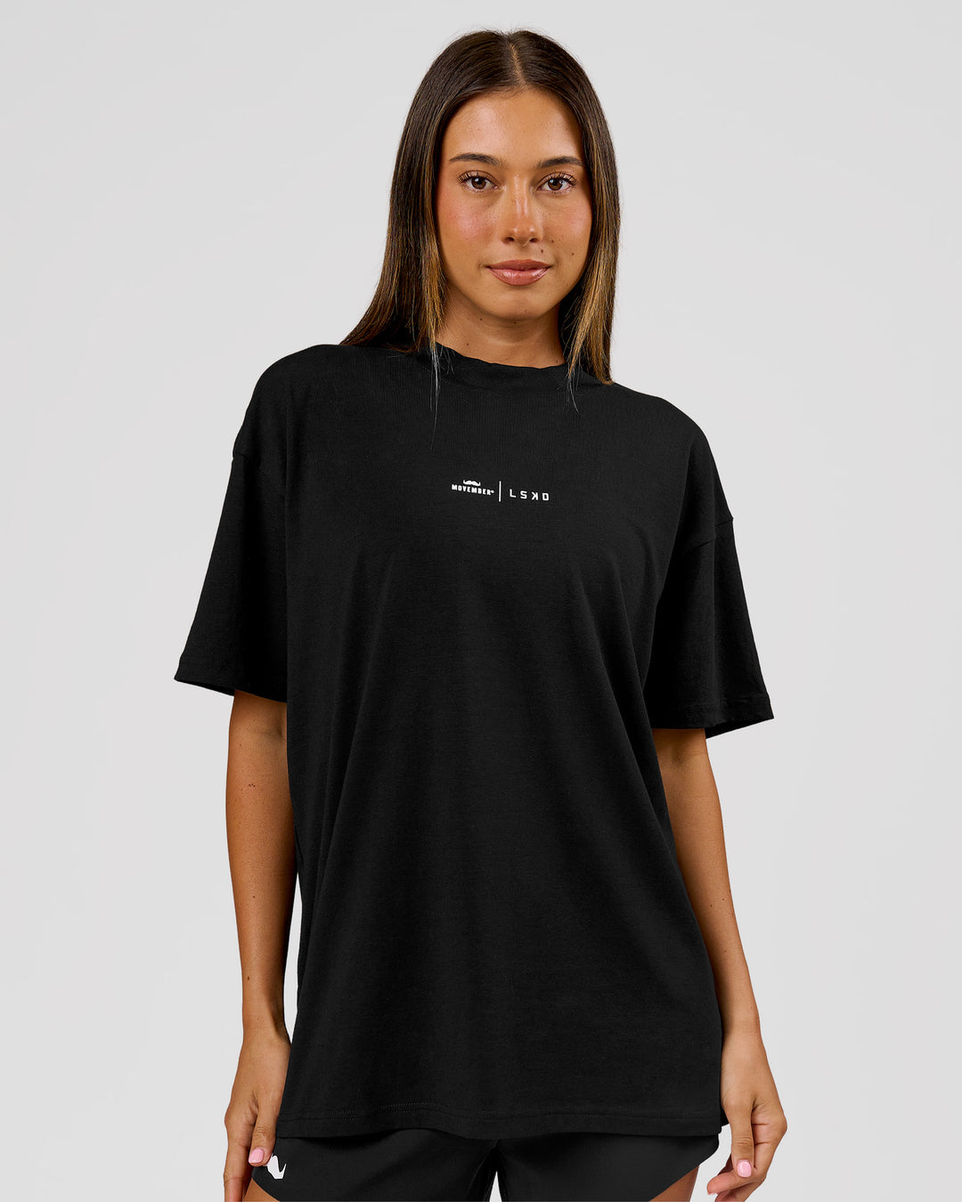 Woman wearing Movember x LSKD FLXCotton Oversize Tee - Black-White | Model:Charli | Size:XS - view 6