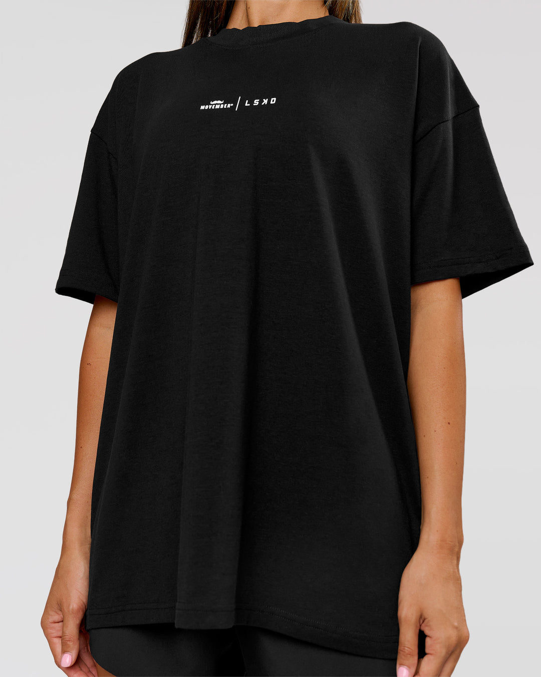 Woman wearing Movember x LSKD FLXCotton Oversize Tee - Black-White | Model:Charli | Size:XS - view 8