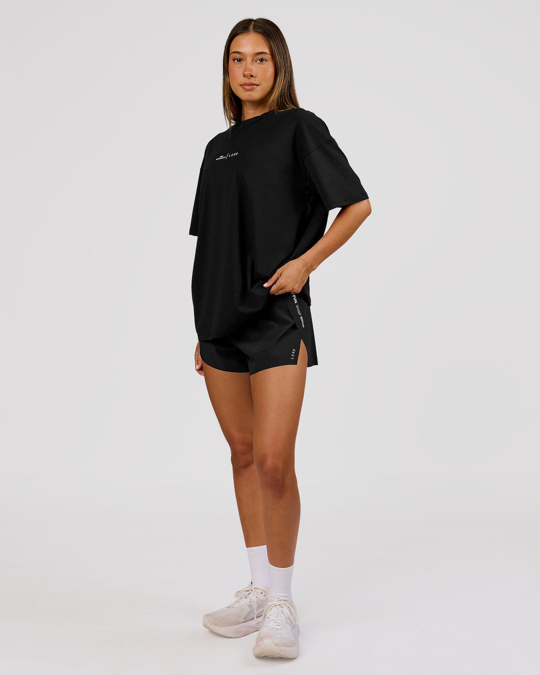 Woman wearing Movember x LSKD FLXCotton Oversize Tee - Black-White | Model:Charli | Size:XS - view 10