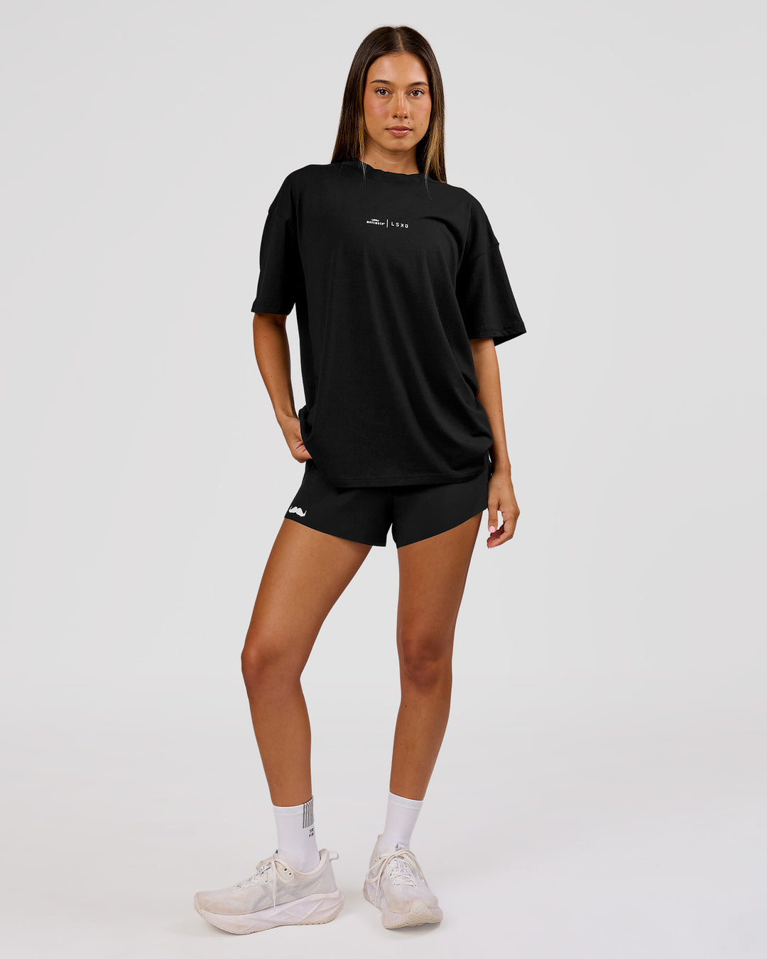 Woman wearing Movember x LSKD FLXCotton Oversize Tee - Black-White | Model:Charli | Size:XS - view 14