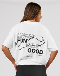 Woman wearing Movember x LSKD FLXCotton Oversize Tee - White-Black | Model:Charli | Size:XS | Thumbnail Index: 3