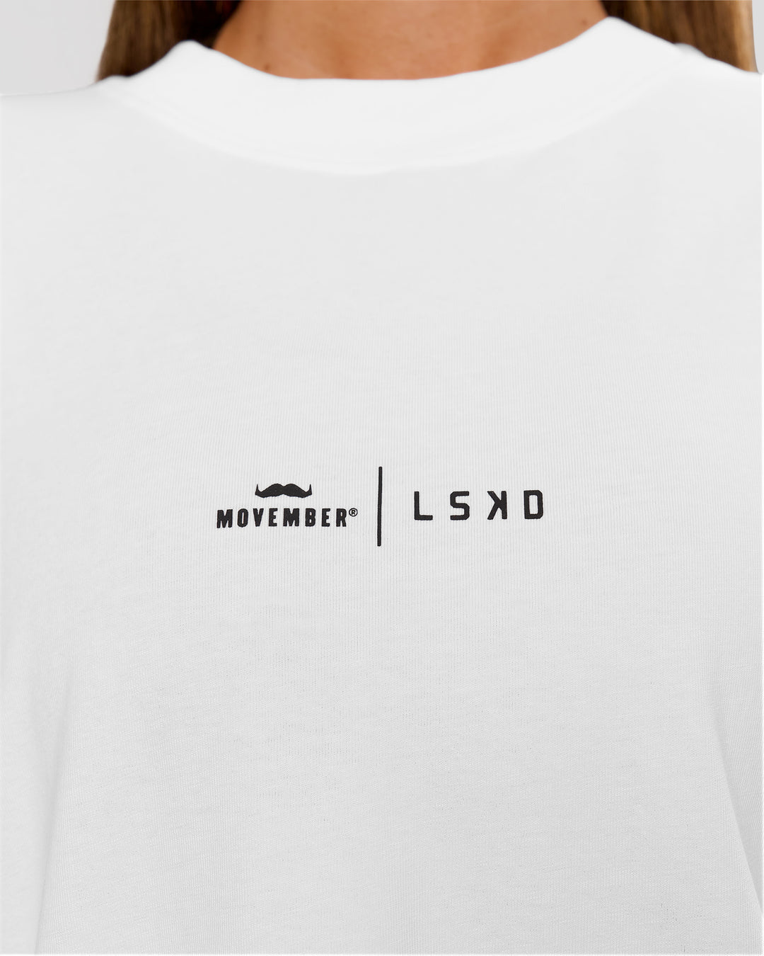 Woman wearing Movember x LSKD FLXCotton Oversize Tee - White-Black | Model:Charli | Size:XS - view 8
