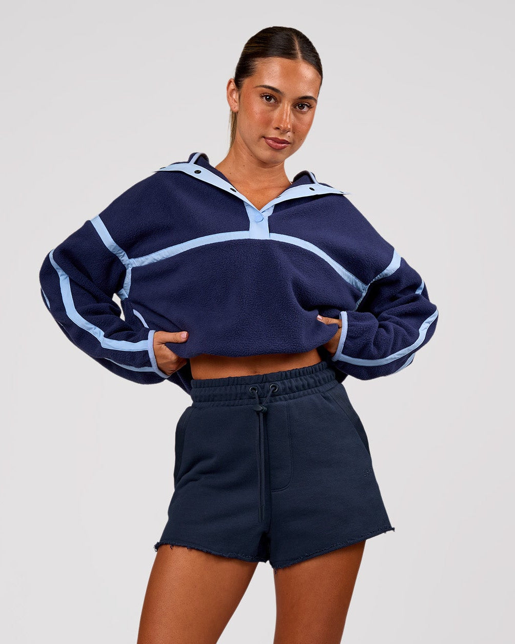 Woman wearing MVP Elite Terry Short - Future Navy | Model:Charli | Size:XS - view 1
