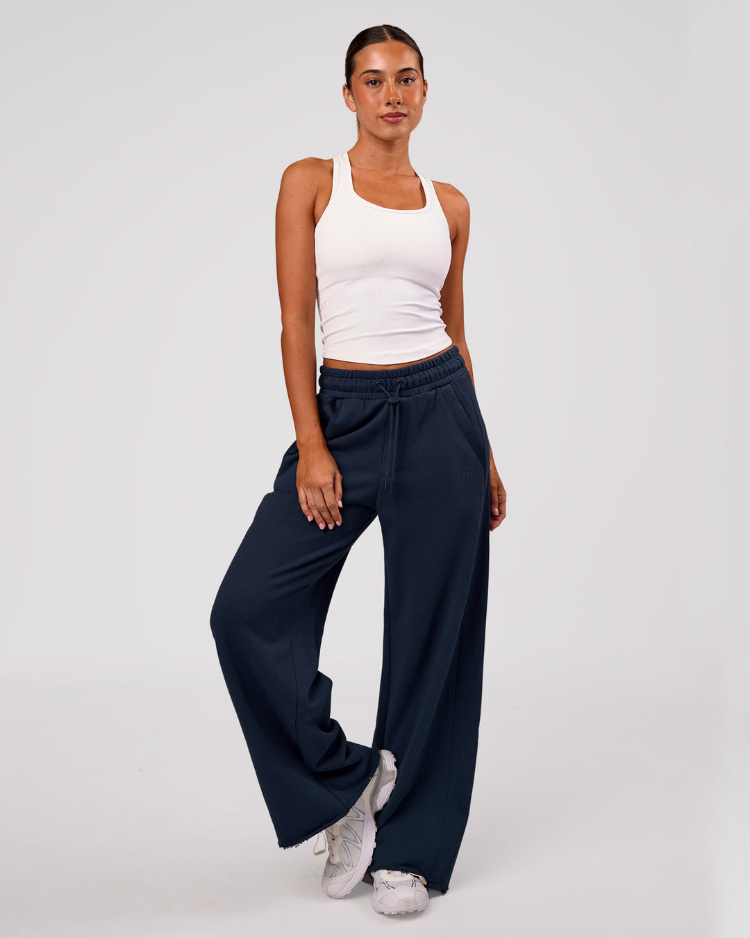 Woman wearing MVP Elite Terry Wide Leg Pant - Future Navy | Model:Charli | Size:XS - view 2