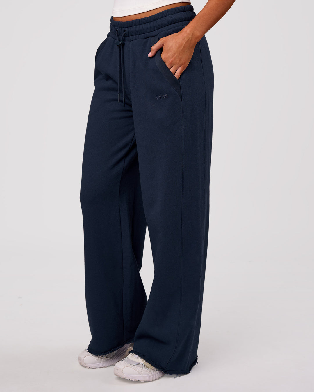 Woman wearing MVP Elite Terry Wide Leg Pant - Future Navy | Model:Charli | Size:XS - view 3