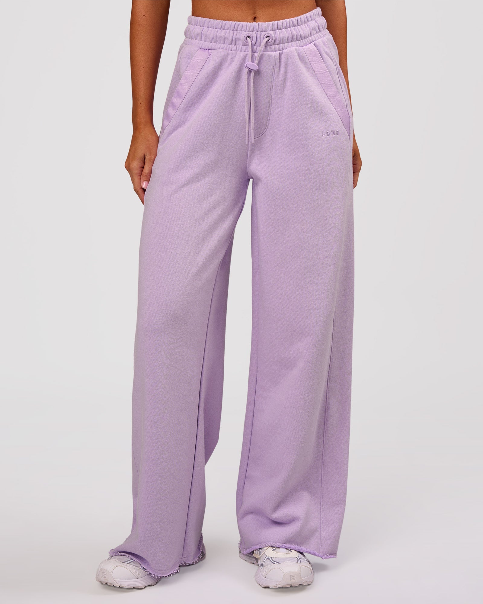 Woman wearing MVP Elite Terry Wide Leg Pant - Pale Lilac | Model:Charli | Size:XS