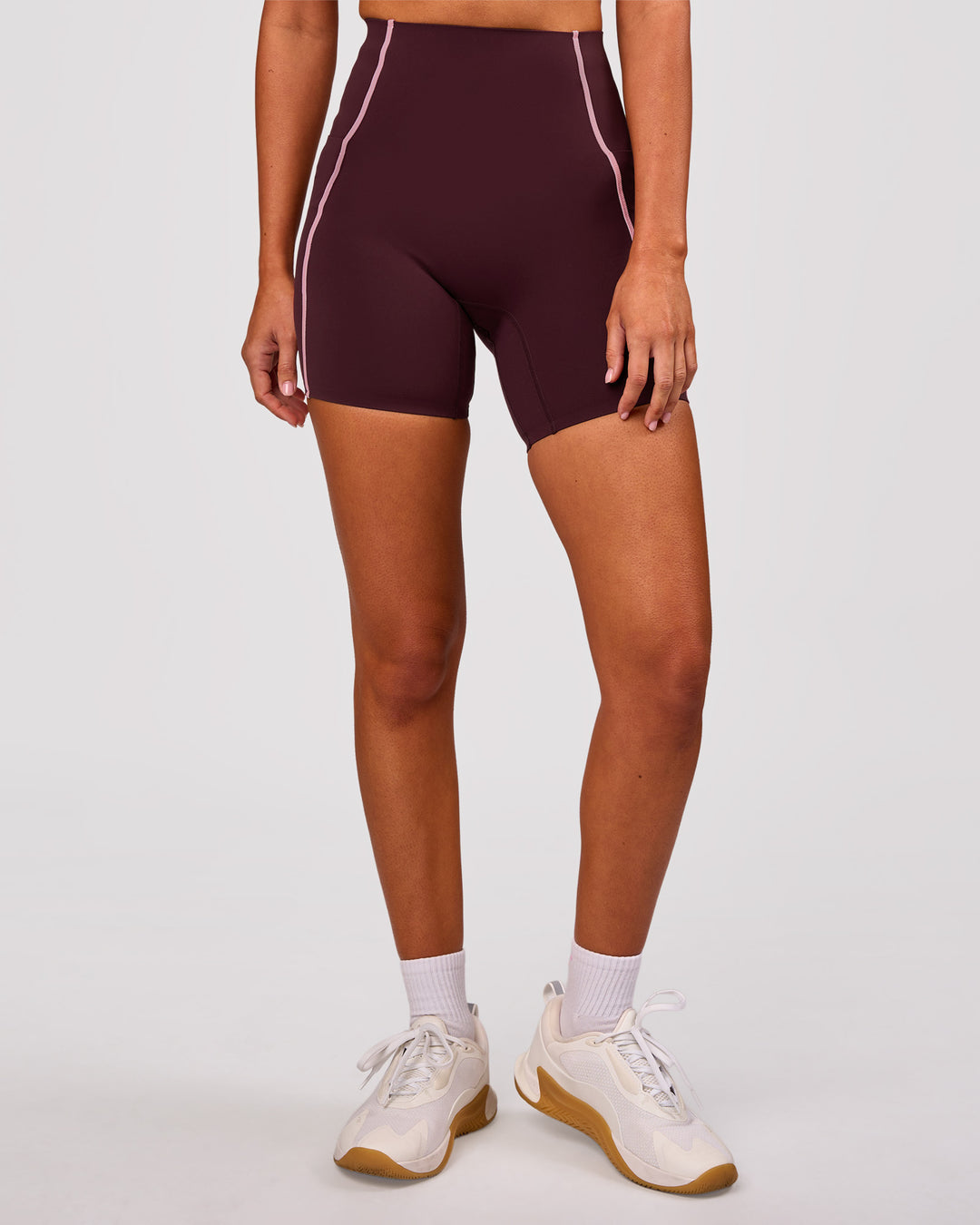 Woman wearing Power Ultra High-Rise 6" Short Pockets - Cherry Lacquer-Pink Rose | Model:Charli | Size:XS - view 5