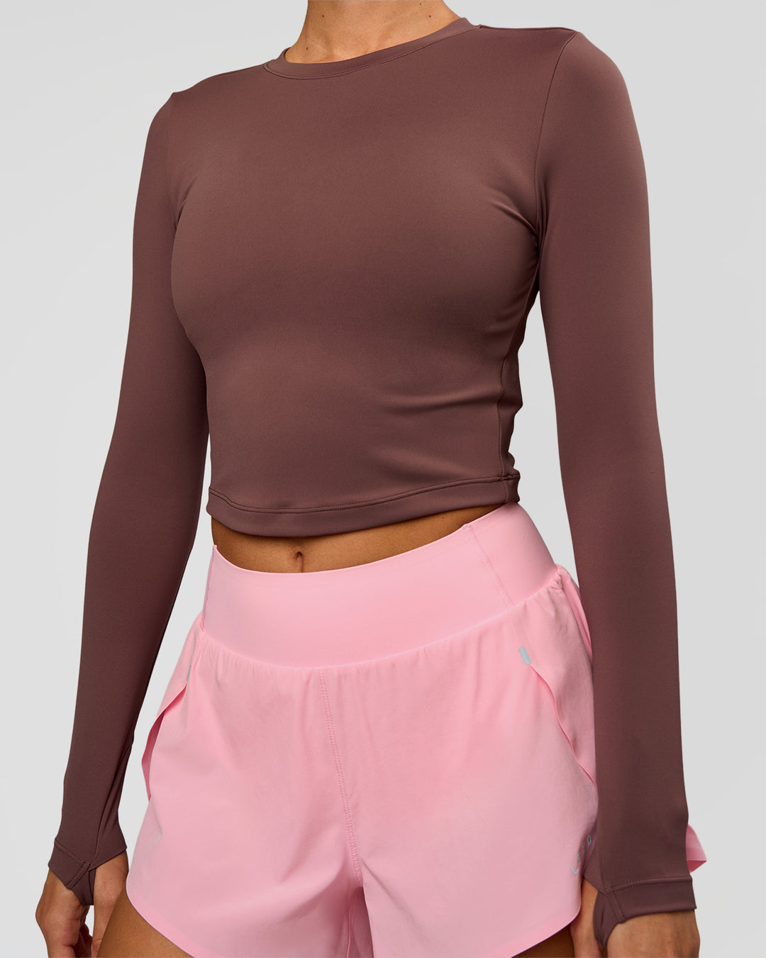 Woman wearing Staple Long Sleeve Cropped Tee 2.0 - Cocoa Powder | Model:Charli | Size:XS - view 2