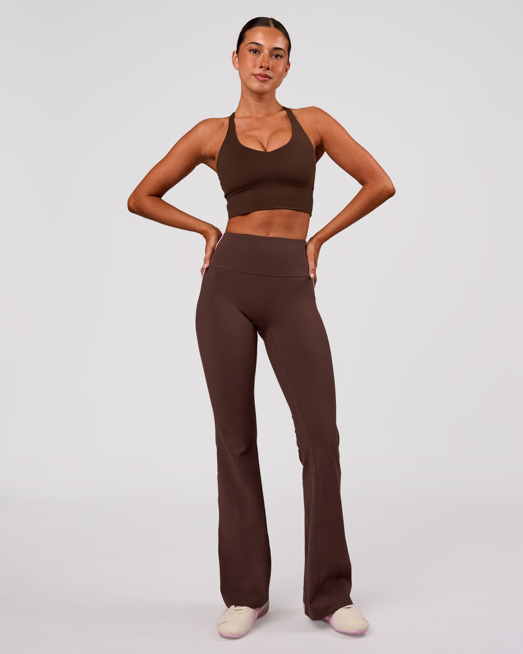 Woman wearing Stellar Long Line Sports Bra - Hot Chocolate | Model:Charli | Size:XS - view 5