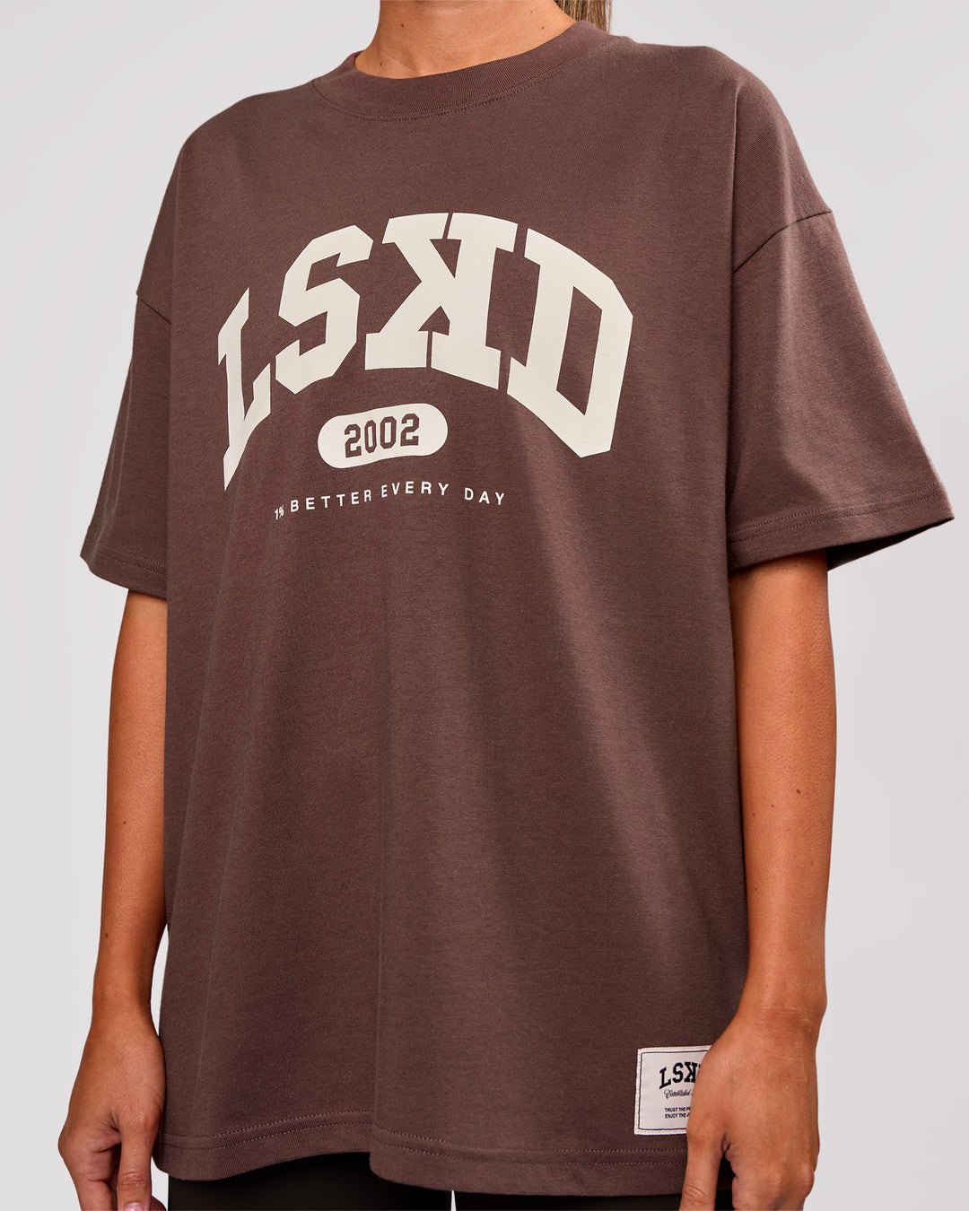 Woman wearing Varsity EST Heavyweight Oversized Tee  - Cocoa Powder-Off White | Model:Charli | Size:XS - view 10