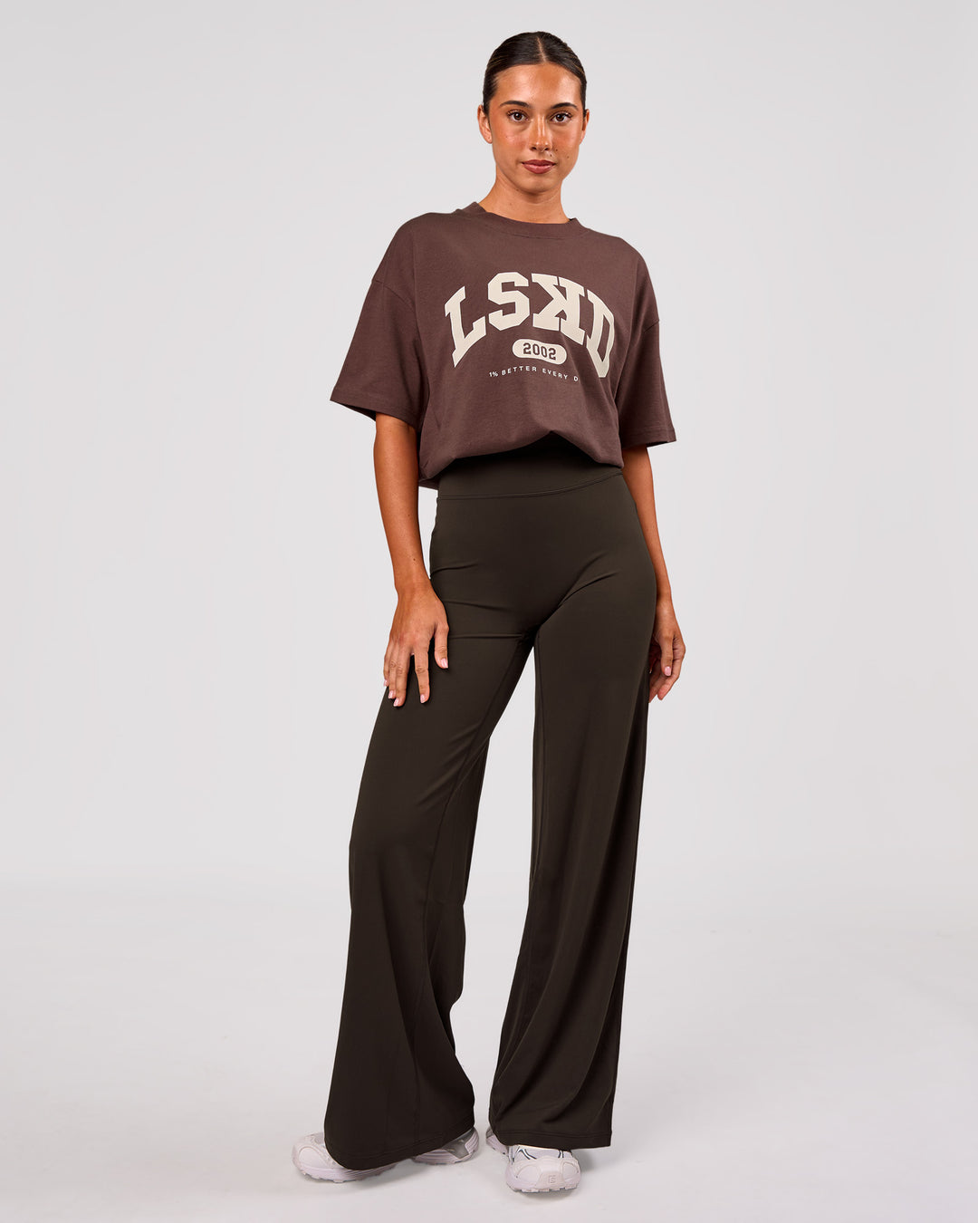Woman wearing Varsity EST Heavyweight Oversized Tee  - Cocoa Powder-Off White | Model:Charli | Size:XS - view 9
