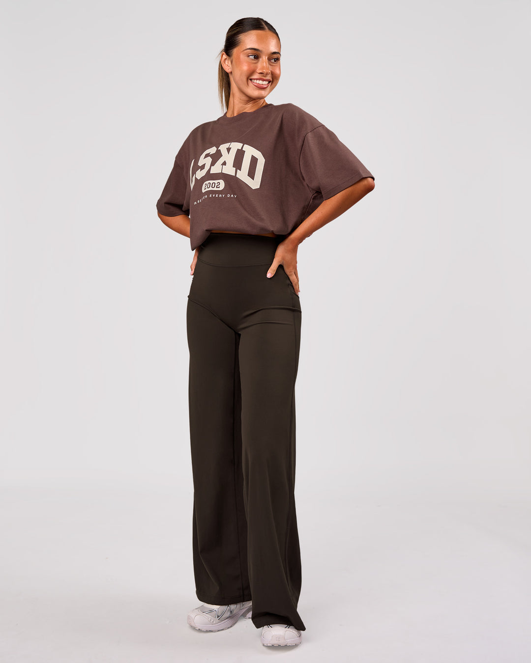 Woman wearing Varsity EST Heavyweight Oversized Tee  - Cocoa Powder-Off White | Model:Charli | Size:XS - view 11