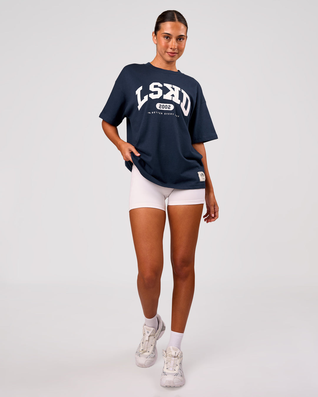 Woman wearing Varsity EST Heavyweight Oversized Tee  - Future Navy-White | Model:Charli | Size:XS - view 6