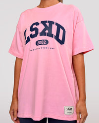 Woman wearing Varsity EST Heavyweight Oversized Tee  - Pink Rose-Future Navy | Model:Charli | Size:XS | Thumbnail Index: 6