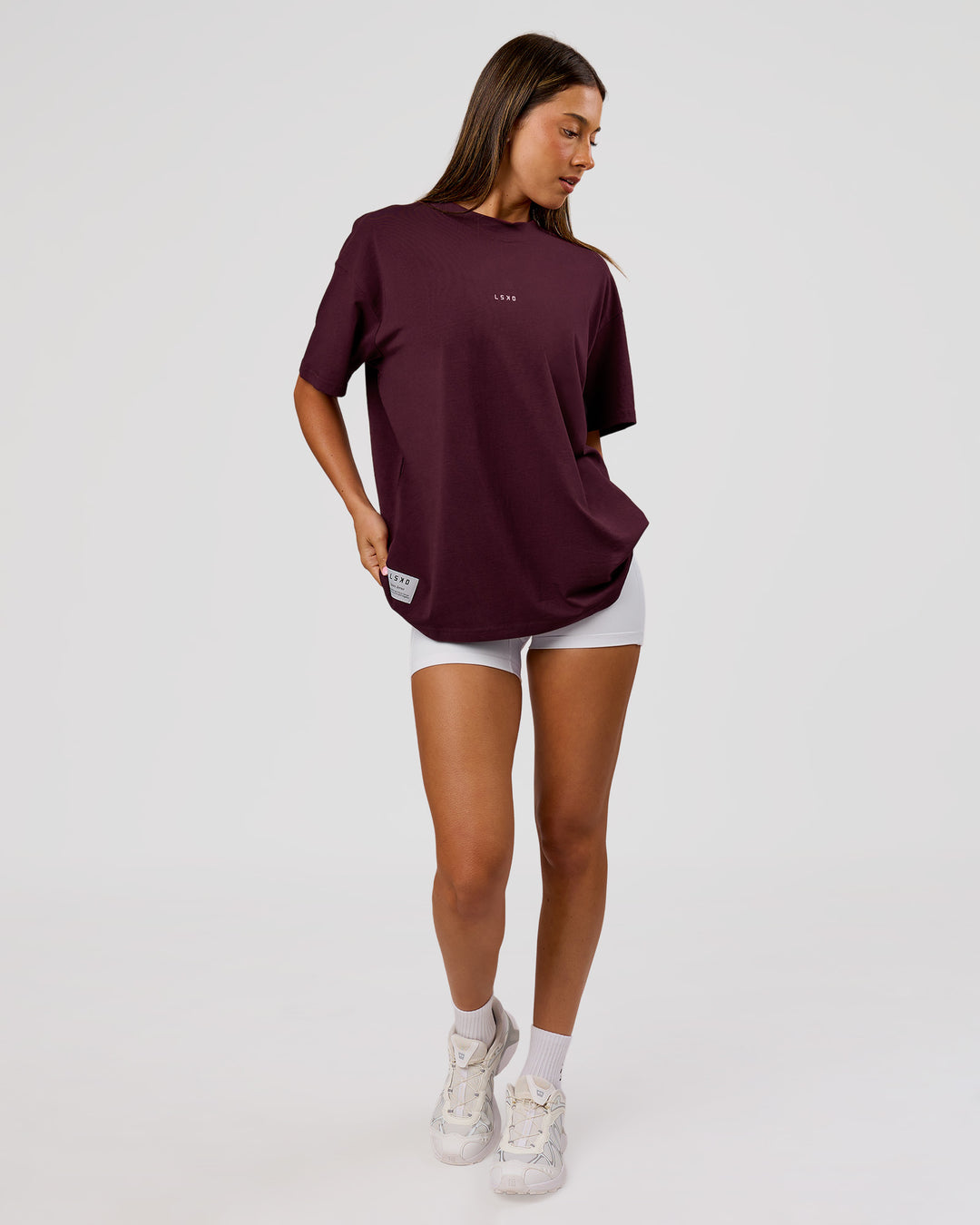 Woman wearing VS26 1% Better FLXCotton Oversize Tee - Cherry Lacquer-Off White | Model:Charli | Size:XS - view 11