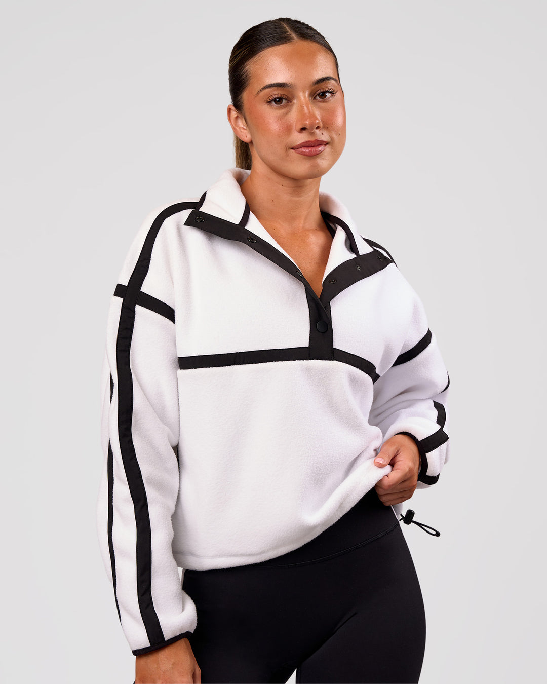 Woman wearing Expedition Pop Over - White-Black | Model:Charli | Size:XS - view 8