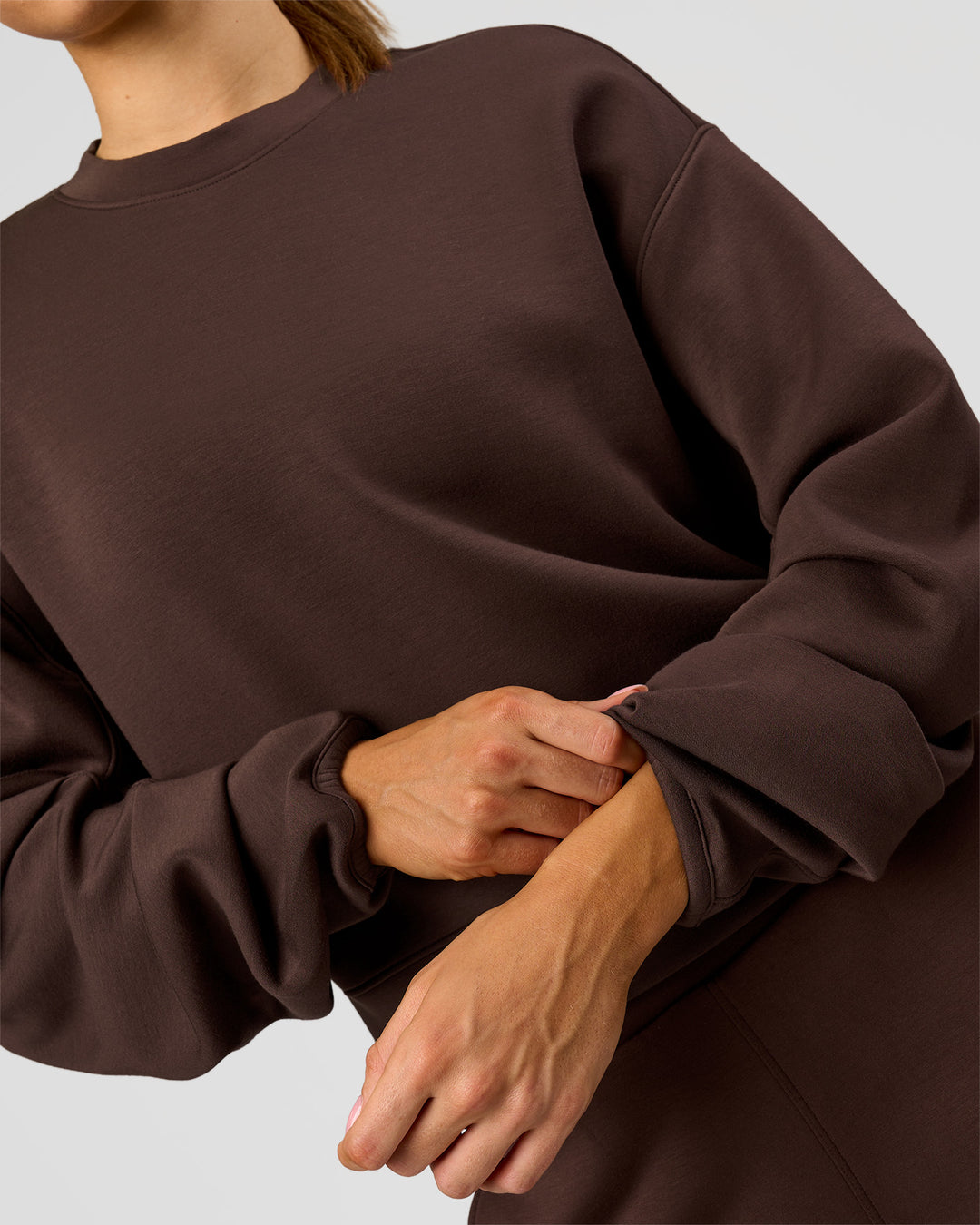Woman wearing Elevate SoftTouch Draped Sleeve Sweater - Hot Chocolate | Model:Claire | Size:XS - view 4