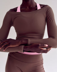 Woman wearing Bree Bardot Long Sleeve Top - Cocoa Powder | Model:Desleigh | Size:XS | Thumbnail Index: 3