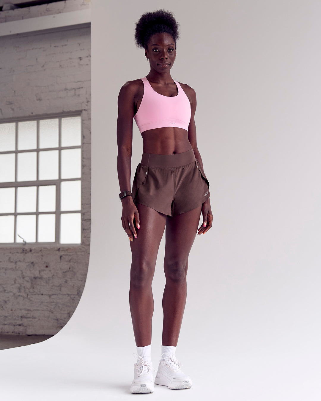 Woman wearing Pacer 3" Run Short - Cocoa Powder | Model:Desleigh | Size:XS - view 15
