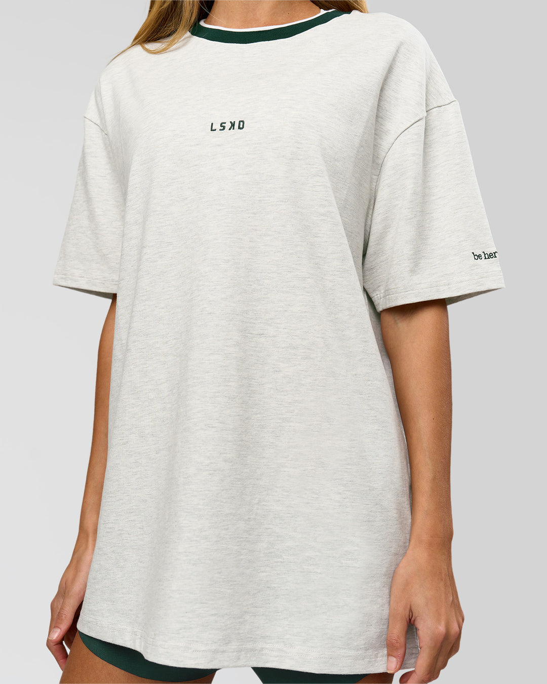 Woman wearing Be Here Now Heavyweight FLXCotton Tee Oversize - Silver Marl-Midnight Green | Model:Georgia | Size:XS - view 9