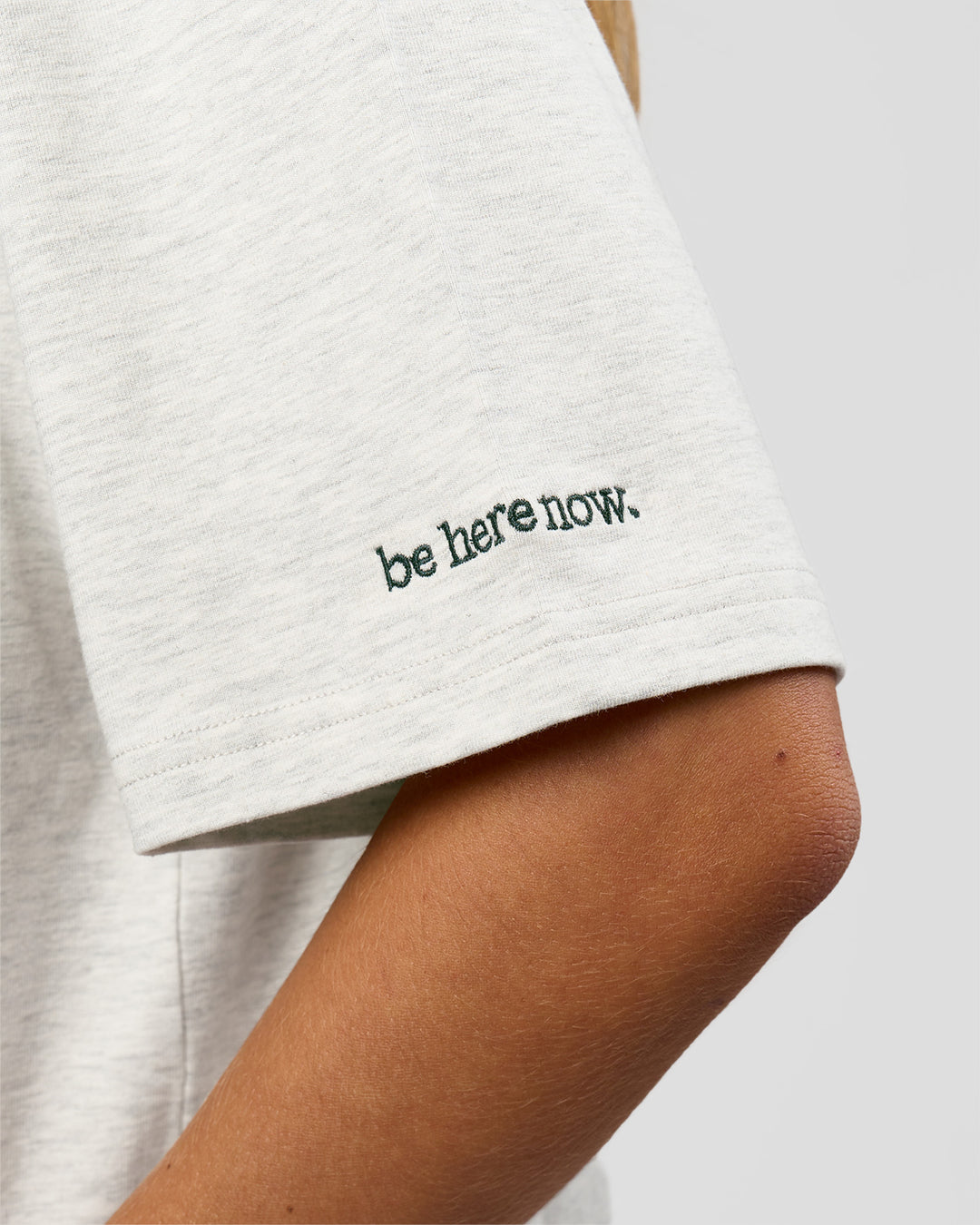 Woman wearing Be Here Now Heavyweight FLXCotton Tee Oversize - Silver Marl-Midnight Green | Model:Georgia | Size:XS - view 20