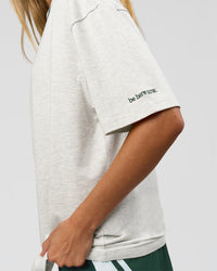 Woman wearing Be Here Now Heavyweight FLXCotton Tee Oversize - Silver Marl-Midnight Green | Model:Georgia | Size:XS | Thumbnail Index: 7