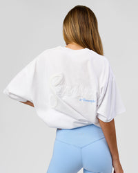 Woman wearing Strong is Beautiful Heavyweight Oversized Tee - White | Model:Georgia | Size:XS | Thumbnail Index: 9