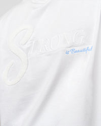 Woman wearing Strong is Beautiful Heavyweight Oversized Tee - White | Model:Georgia | Size:XS | Thumbnail Index: 15