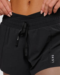 Woman wearing Accelerate Synergy 3" Running Short Short - Black-Black | Model:Issy | Size:XS | Thumbnail Index: 4