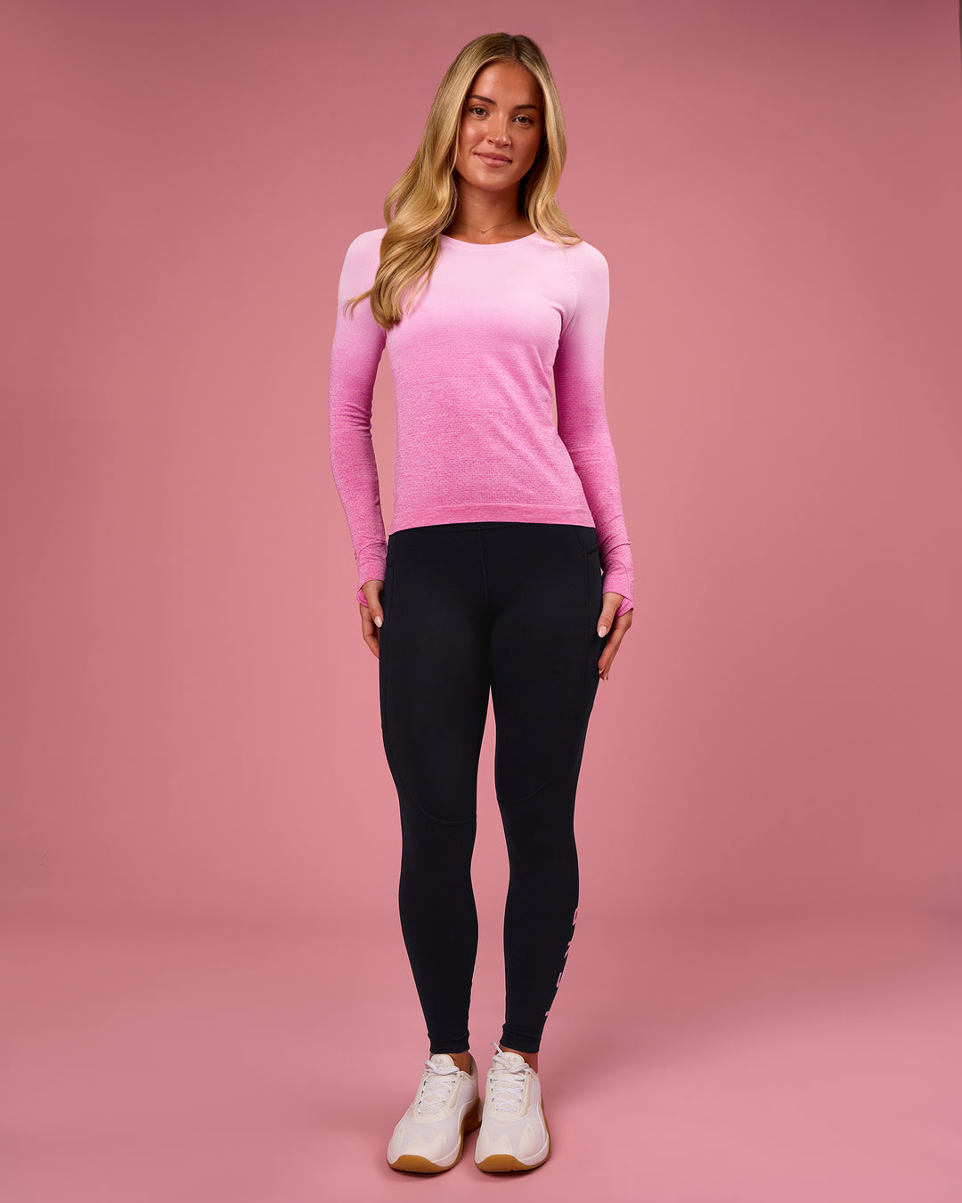 Woman wearing AeroFLX+ Seamless Long Sleeve Tee - Ultra Pink/Marshmallow Dip Dye | Model:Issy | Size:XS - view 4