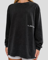 Woman wearing Backline Washed Heavyweight Oversized LS Tee - Black Washed | Model:Issy | Size:XS | Thumbnail Index: 5
