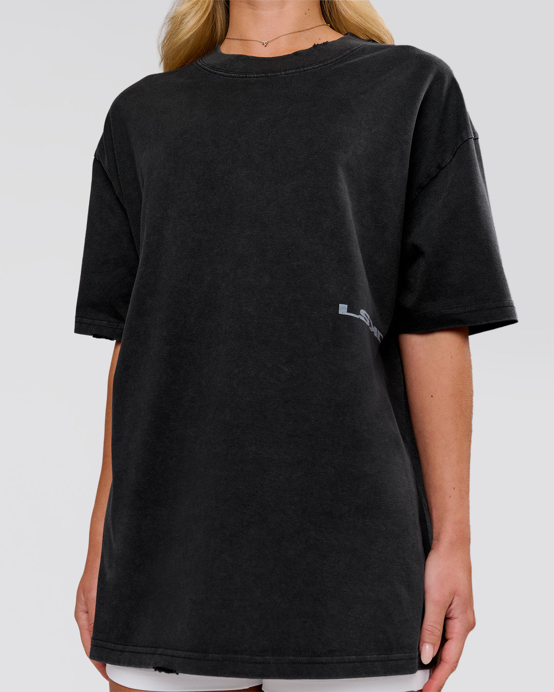 Woman wearing Backline Washed Heavyweight Oversized Tee - Black Washed | Model:Issy | Size:XS - view 7