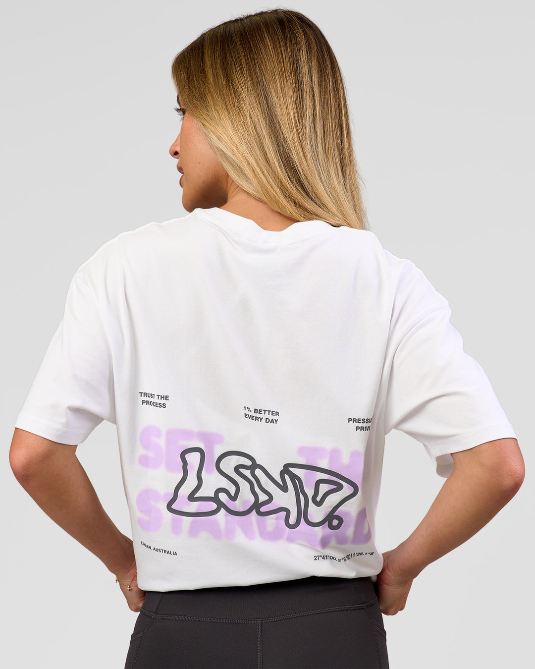Woman wearing Benchmark FLXCotton Oversized Tee - White-Pale Lilac | Model:Issy | Size:XS - view 3