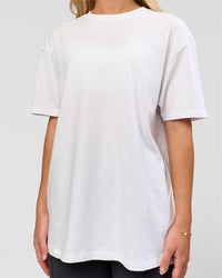 Woman wearing Benchmark FLXCotton Oversized Tee - White-Pale Lilac | Model:Issy | Size:XS | Thumbnail Index: 8