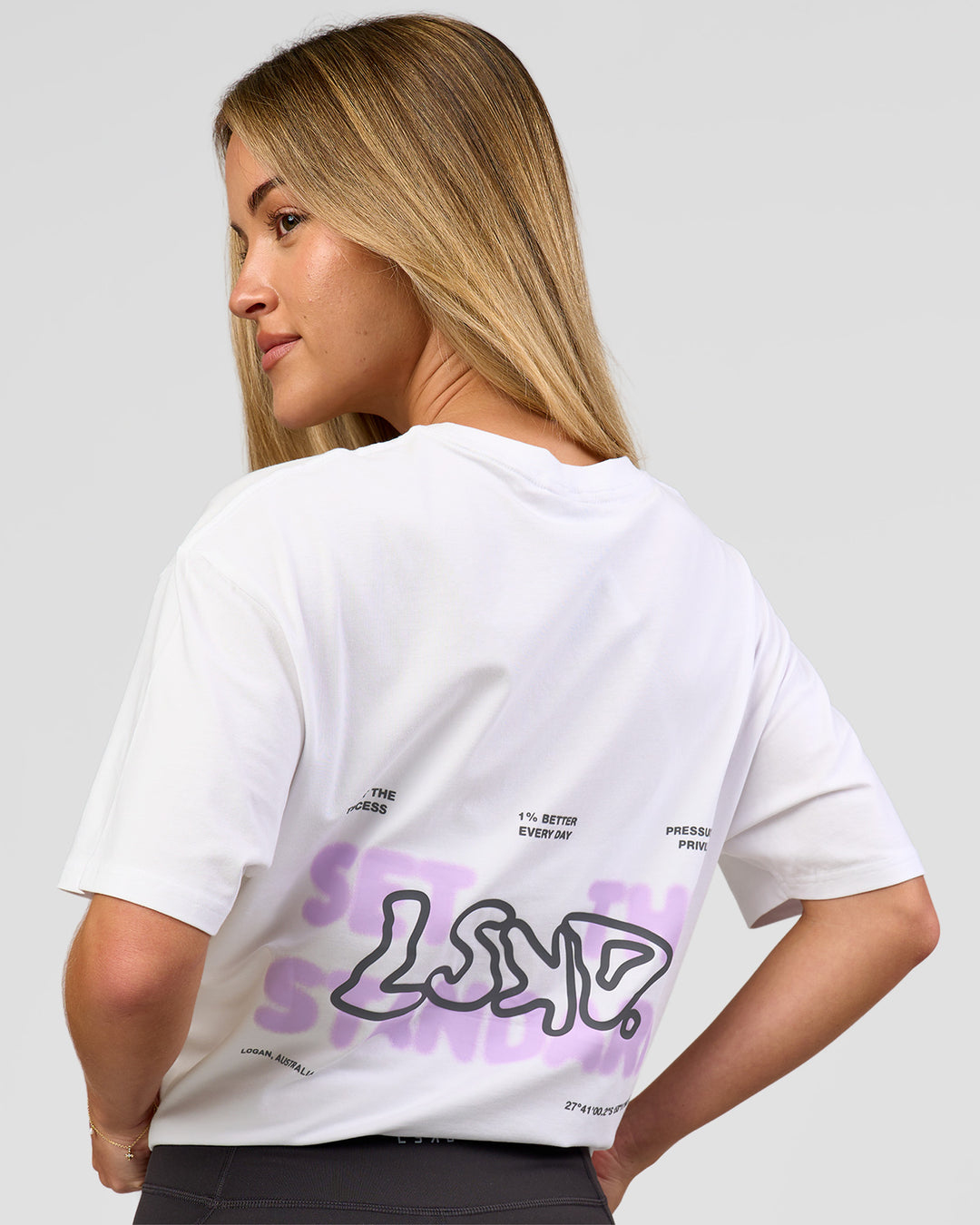 Woman wearing Benchmark FLXCotton Oversized Tee - White-Pale Lilac | Model:Issy | Size:XS - view 12