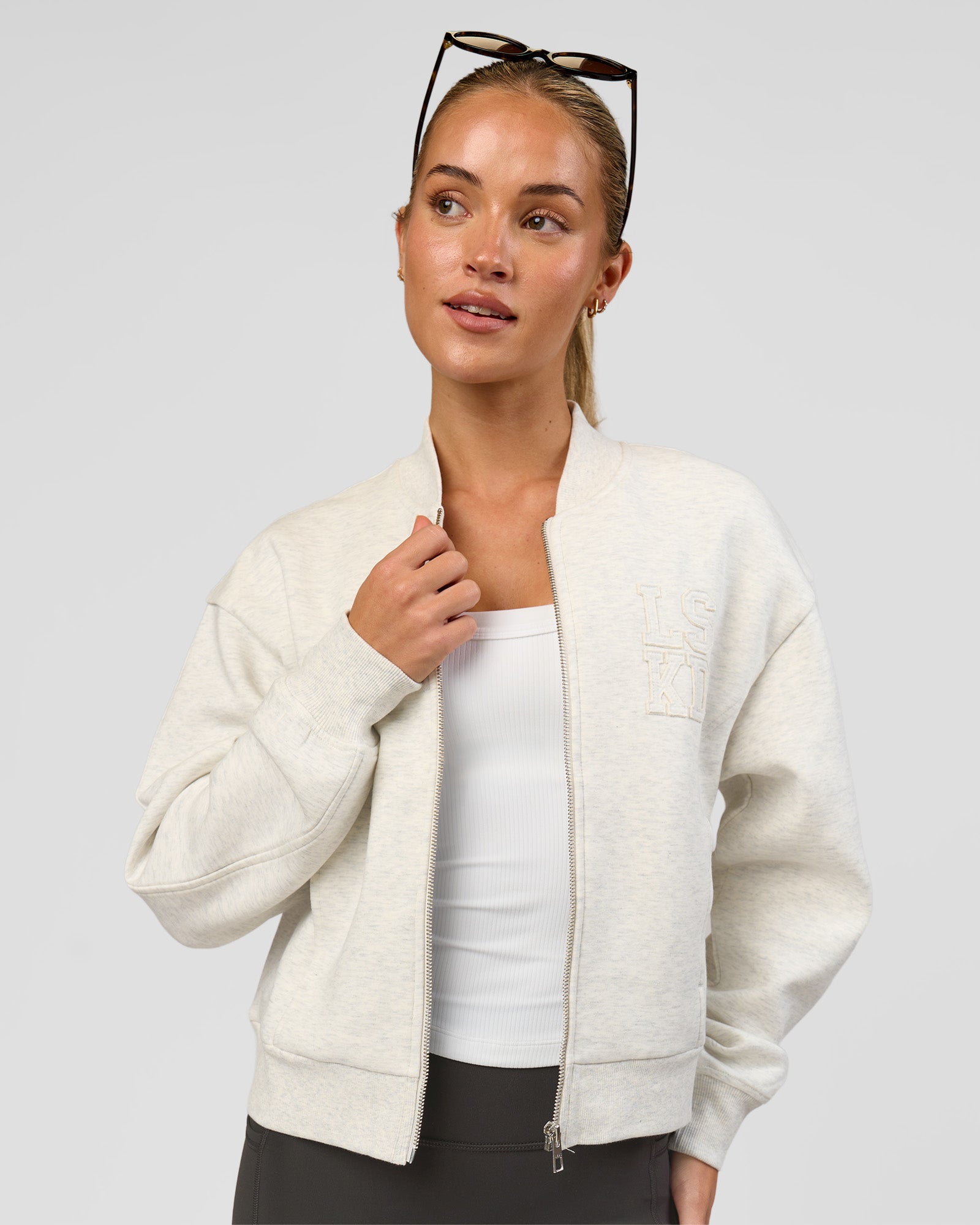 Woman wearing Bomber ZeroCrease Spacer Jacket - Silver Marl | Model:Issy | Size:XS