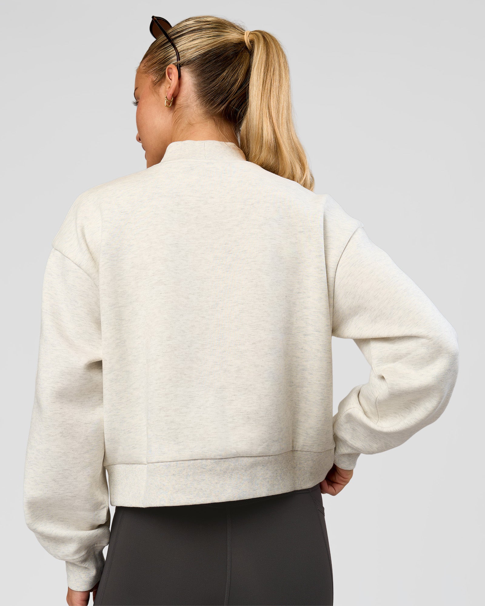Woman wearing Bomber ZeroCrease Spacer Jacket - Silver Marl | Model:Issy | Size:XS