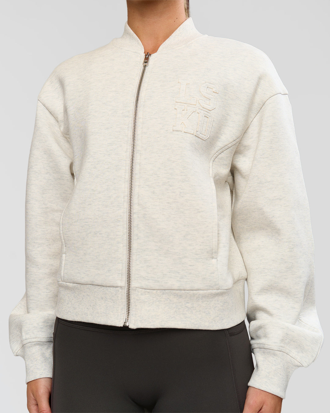 Woman wearing Bomber ZeroCrease Spacer Jacket - Silver Marl | Model:Issy | Size:XS - view 9