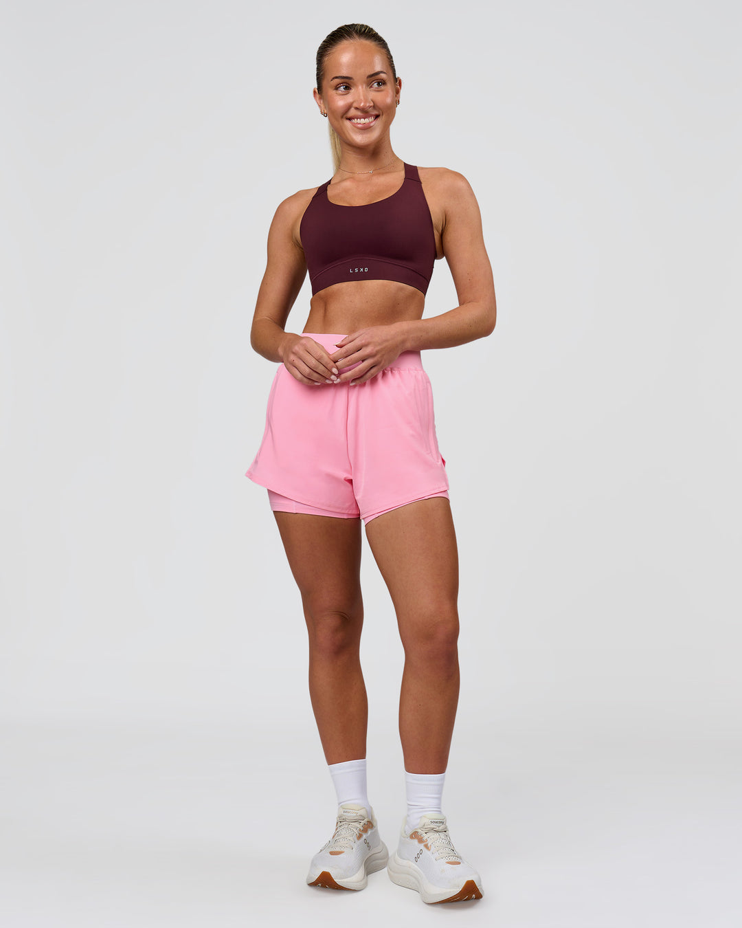 Woman wearing Challenger 3" Lined Performance Short - Pink Rose | Model:Issy | Size:XS - view 4