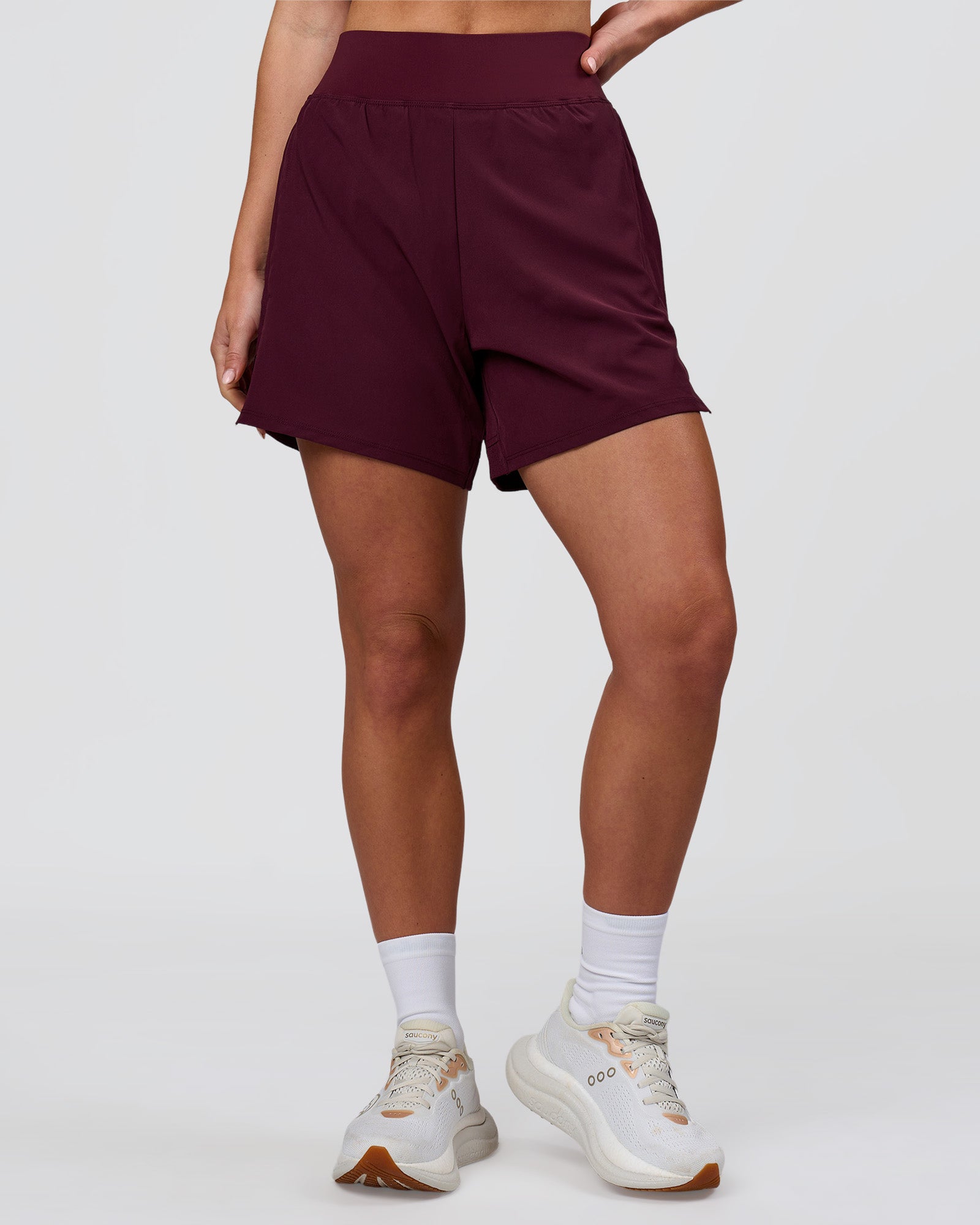 Woman wearing Challenger 5" Lined Performance Short - Cherry Lacquer | Model:Issy | Size:XS