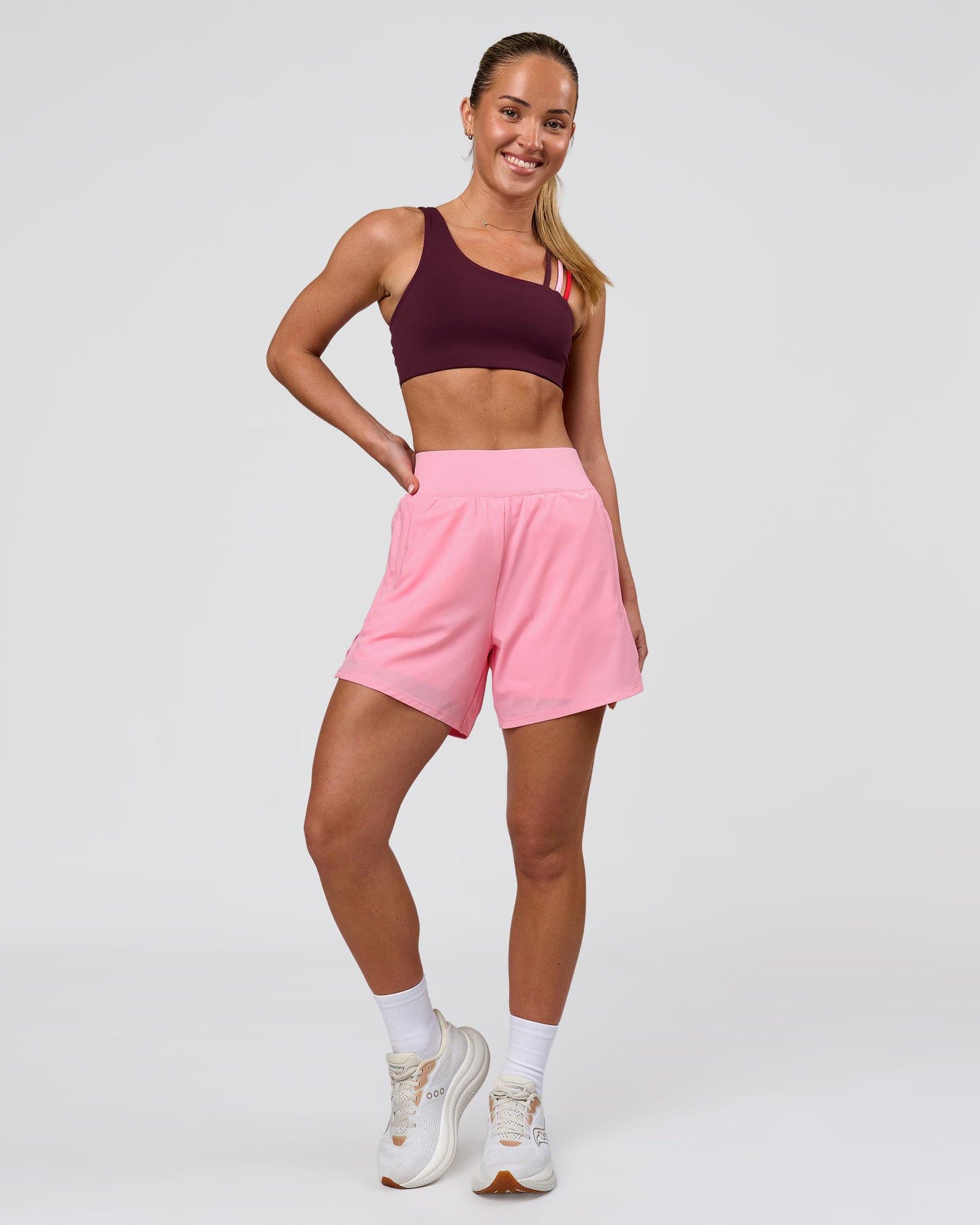 Woman wearing Challenger 5" Lined Performance Short - Pink Rose | Model:Issy | Size:XS