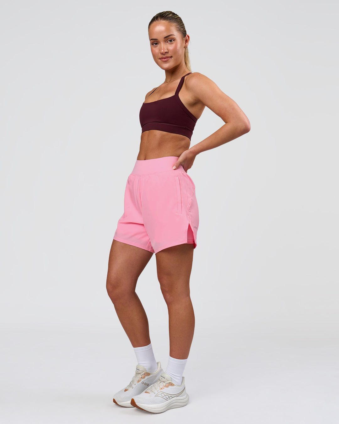 Woman wearing Challenger 5" Lined Performance Short - Pink Rose | Model:Issy | Size:XS - view 3