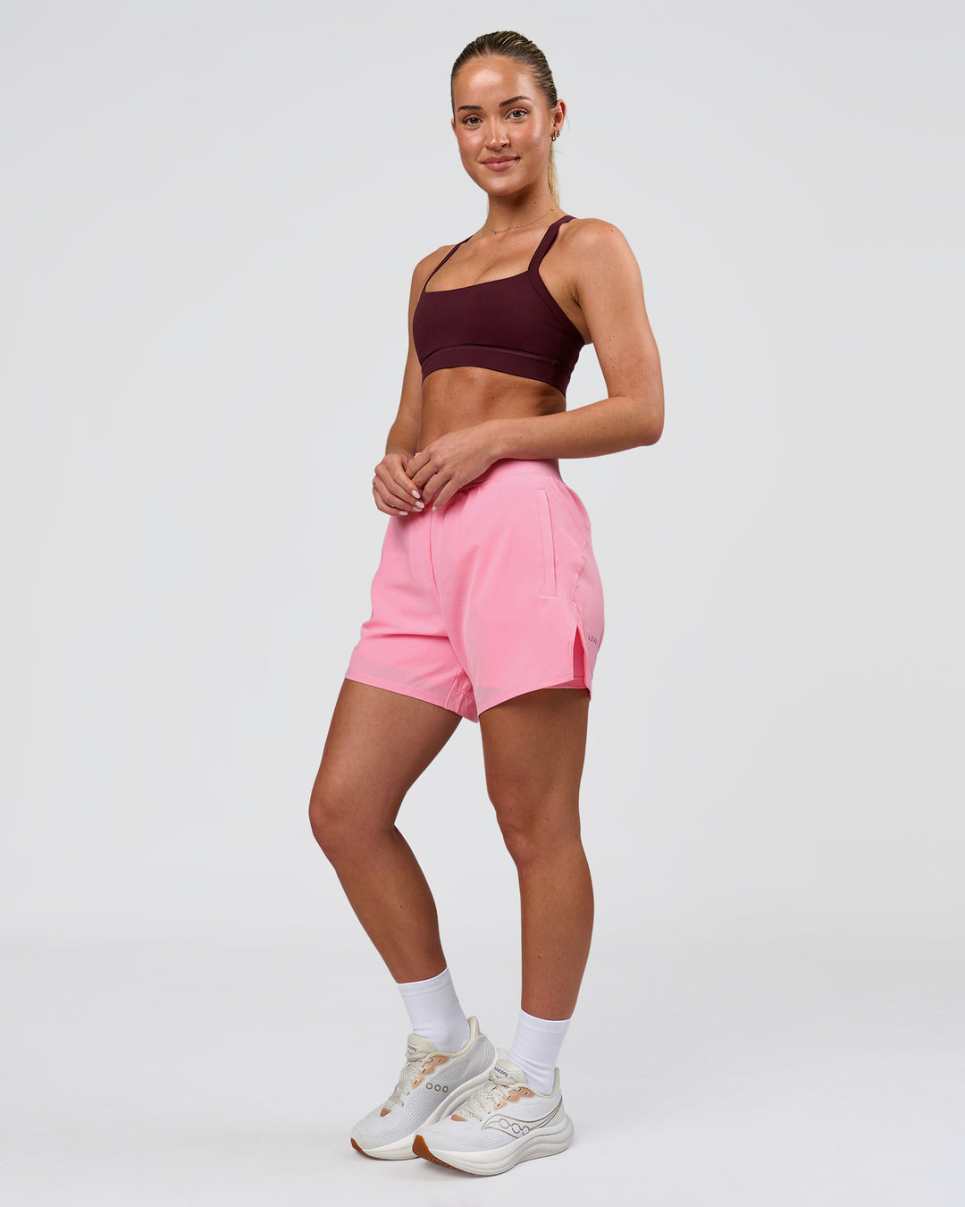 Woman wearing Challenger 5" Lined Performance Short - Pink Rose | Model:Issy | Size:XS - view 6