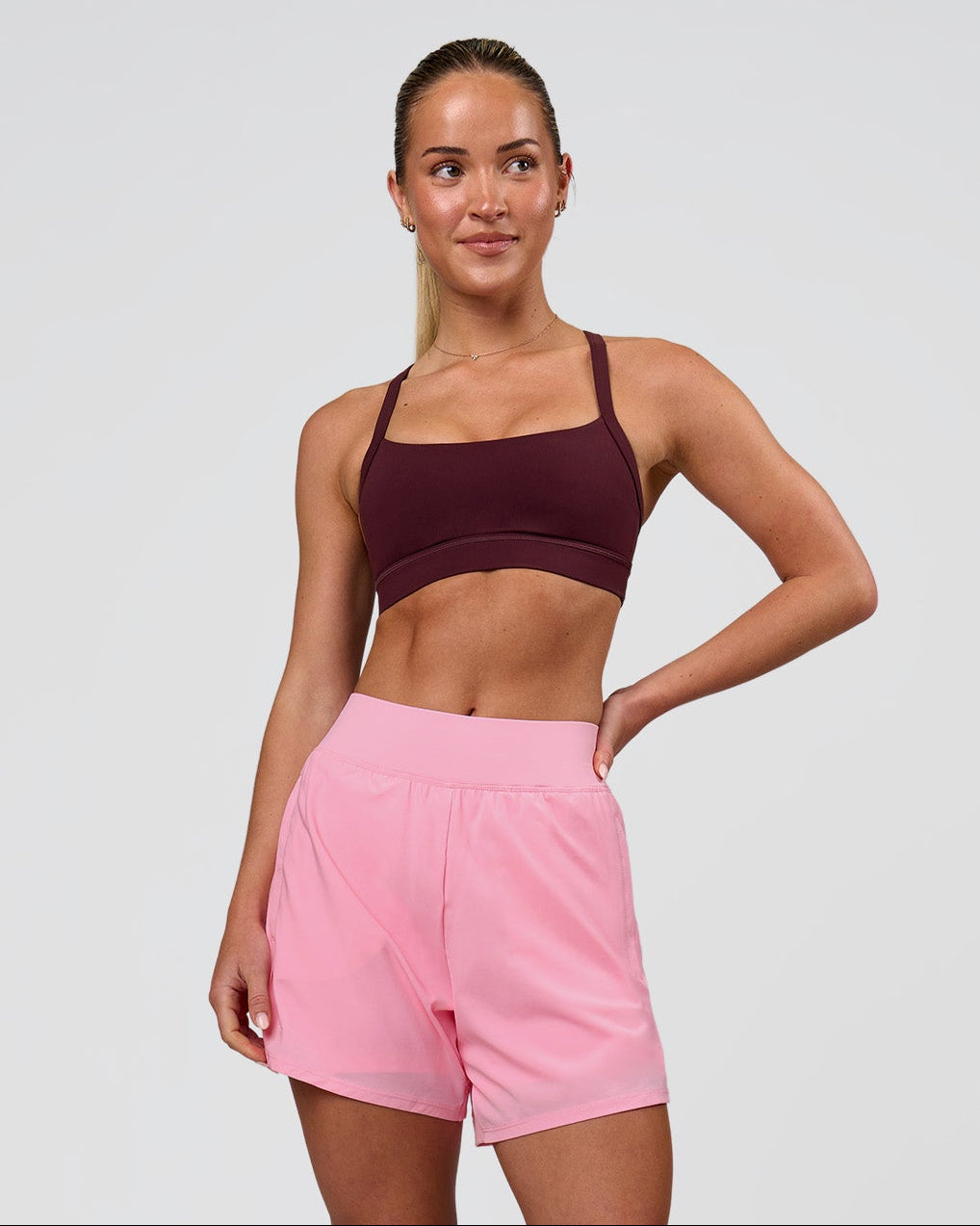 Woman wearing Challenger 5" Lined Performance Short - Pink Rose | Model:Issy | Size:XS - view 12